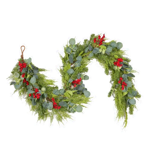 WBHome 6ft Pre-lit Real Touch Mixed Eucalyptus and Cedar Prelit Christmas Garland with Red Berries Winter Greenery Garland for Christmas Holiday Seasonal Outdoor/Indoor Home Decor Mantle, 6FT Long