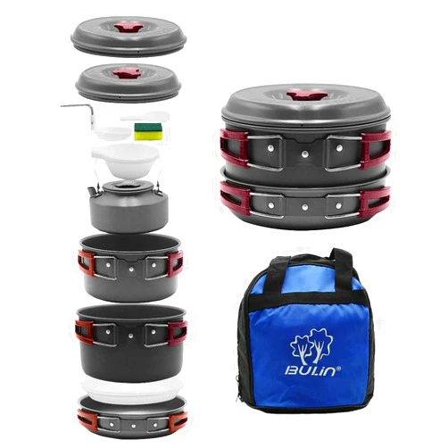 Bulin 24/13/11/8/4 PCS Camping Cookware Mess Kit Lightweight Backpacking Cooking Set Outdoor Cook Gear for Family Hiking, Picnic(Kettle, Pot, Frying Pan, Bowls, Plates, Spoon)
