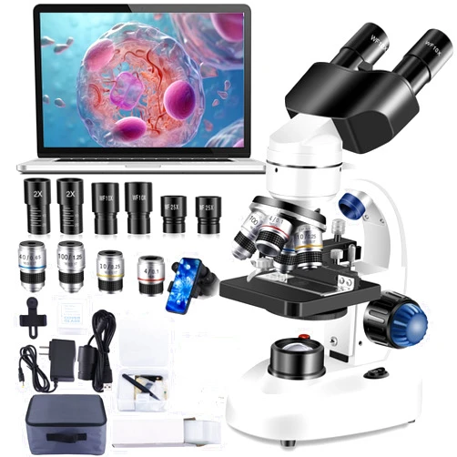 Woehrsh Microscope for Adults WF10x and WF25x eyepieces, 40X-2000X Magnification USB Camera, Microscope for Adults Suitable for Laboratory School Home Education.