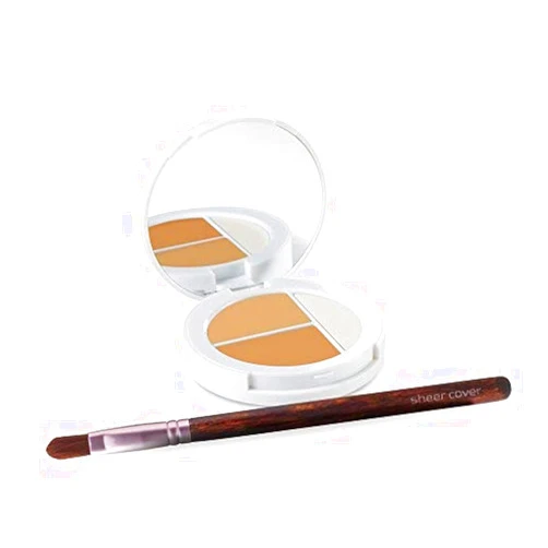 Sheer Cover Studio – Conceal and Brighten Highlight Trio – Two-Toned Concealers – Shimmering Highlighter – Medium/Tan Shade – With FREE Concealer Brush – 3 Grams