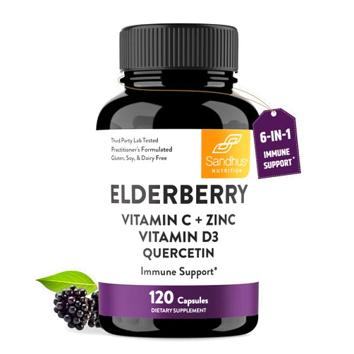 Sandhu's Elderberry Vitamin C and Zinc 120 Capsules | with Quercetin and Vitamin D3 | Immune Support for Adults | Herbal Supplement for Men and Women | 2 Months Supply | Natural Immunity Booster