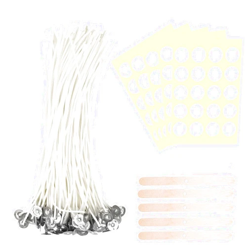 DRUESSGIT Candle Wicks 100 Pcs 6 inch with 100PCS Candle Wick Stickers and 5PCS Wooden Candle Wick Holders, Centering Device for Candle Making DIY, Cotton Wicks Kits for Candle Making