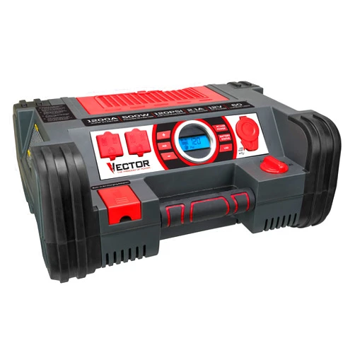 VECTOR 1200 Peak Amp Automotive Jump Starter, Portable Power – 10W USB Port, 500W Inverter, 120 PSI Air Compressor