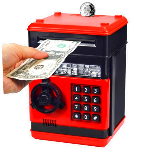 Elemusi Cartoon Electronic Password Mini ATM Piggy Bank Cash Coin Can Auto Scroll Paper Money Saving Box, for Children Kids (Black/red)