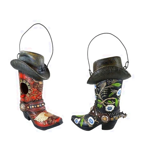 Ebros Gift Pack of 2 Rustic Western Red and Black Cowboy Boots with Floral Scroll Patterns Spurs and Hats Birdhouse Bird Feeder House Tree Hanger Cabin Lodge Decorative Figurine Patio Garden