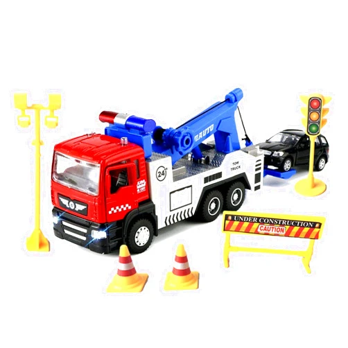 JOYINUS Toy Tow Truck Metal Diecast Truck with Car Pull Back Miniature Toy Trucks with Sound and Light for Boys(with 5 Pcs Traffic Signs)