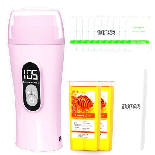 Demine Roll on Wax Kit, Honey Wax Roller Waxing Kit for Hair Removal, Soft Depilatory Wax for Sensitive Skin, Digital Roll Wax Warmer for Women & Men with 2 Cartridges 10 wipes 100pcs Strips, Purple