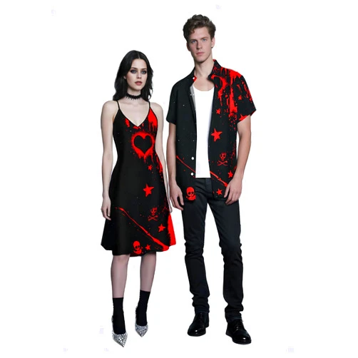 DRESSFO Couple Matching Hawaiian Outfits Gothic Print V Neck Spaghetti Strap Dress or Roll Up Sleeve Shirts Outfit