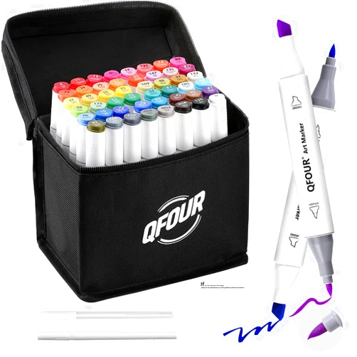 QFOUR Alcohol Markers, 48 Colors Art Marker, Coloring Markers, Brush & Chisel Tip Drawing Marker for Adults Sketching, Illustration, Card Making