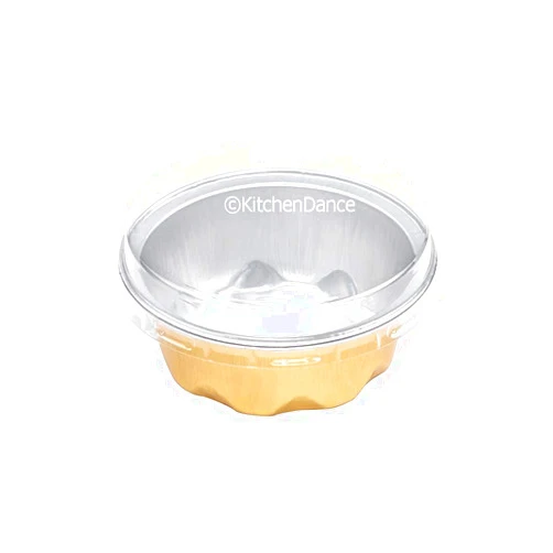 KitchenDance.com KitchenDance Colored Disposable Aluminum Fluted Baking Cups - 2 Ounces Heavy Duty Round Foil Cup Perfect for Individual Dessert, Sauces, Flan, Mini Cupcakes, A3 (Gold With Lids, 1000)