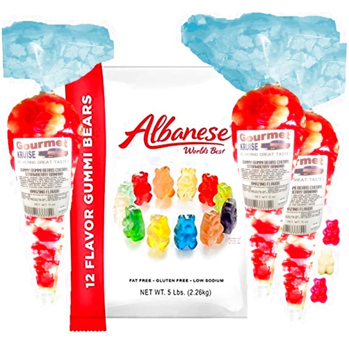 Gourmet Kruise Albanese Gummi Bears-Gummy Bear Bulk 12 Flavors-5lb Bag Plus (3) Red Cherry, White Strawberry Banana Gummy Bears Gourmet Kruise Gift Bags 11 OZ 4 Bags (2) Item Bundle