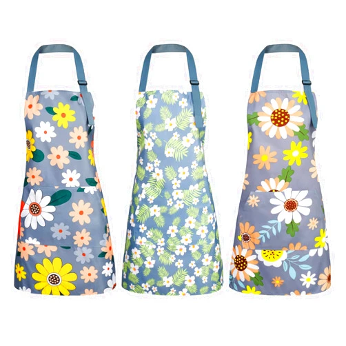 BOUMUSOE 3 Pack Floral Aprons with Pocket, Blooming Womens Aprons Waterproof Adjustable Cooking Aprons for Kitchen Gardening and Salon