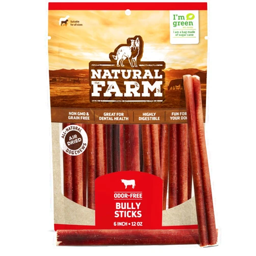 Natural Farm Bully Sticks, Odor-Free, (6 Inch, 12 Ounces), Packaged by Weight, 100% Beef Pizzle Chews, Grass-Fed, Fully Digestible Treats to Keep Your Puppies, Small and Medium Dogs Busy