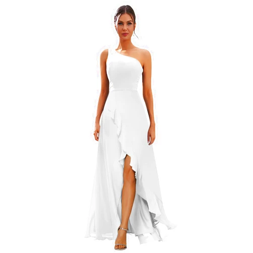 Trifetcrow Women's One Shoulder Bridesmaid Dresses Chiffon with Ruffles Slit Long Formal Dress A Line Evening Gown