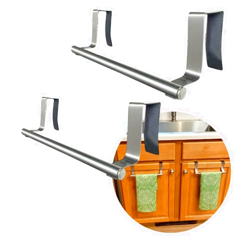 Evelots Towel Hook, Bar Over Cabinet Door - Kitchen, Bathroom - 2 Pack- Hand, Dish Towel Rack Holder - Inside or Outside Door - Brushed Stainless Steel - No Rust - No Scratch - No Installation