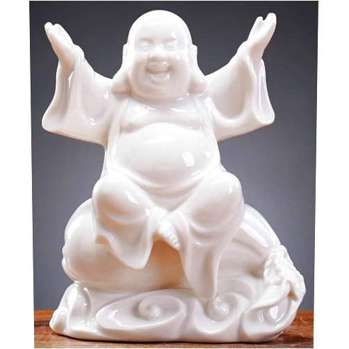 QINLANG Small Ceramic White Laughing Buddha Statue for Good Luck, Lucky Happy Buddha Statue Sitting on Money Bag for Good Luck and Prosperity