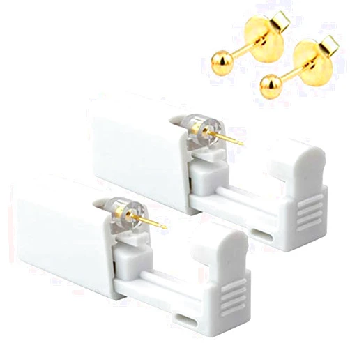 AM RONG MAGIC 2 Pack Self Ear Piercing Gun Earring,Disposable Piercing Kit No Pain Easy Use Ear Piercing Gun Kit Tool with Stud and With Alcohol Pad (3mm Gold Peas) …
