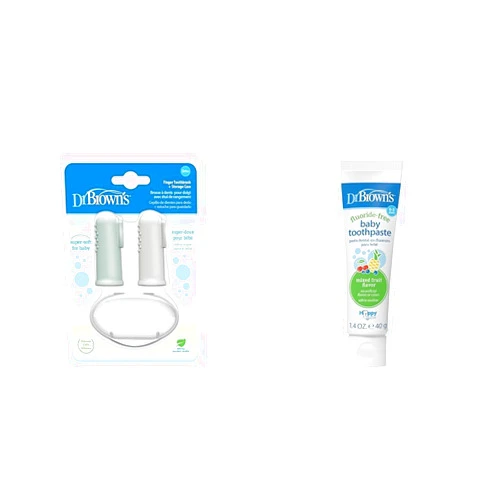 Dr. Brown's Silicone Finger Toothbrush for Baby with Travel-Storage Case, 3m+, Gray and Light Green & Fluoride-Free Baby Toothpaste,Infant & Toddler Oral Care,Mixed Fruit,1-Pack,1.4oz/40g
