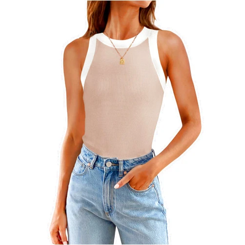 ZESICA Womens Summer Sleeveless Tank Tops Ribbed High Neck Racerback Slim Fitted Color Block Casual Shirts
