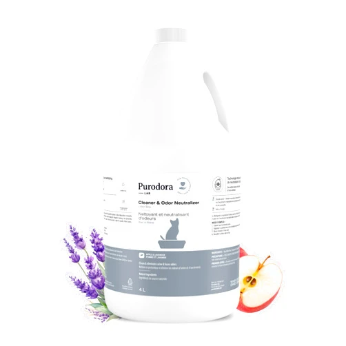 Purodora Lab Litter Box Odor Neutralizer, Cleans & Eliminates Urine & Feces Odors Embedded in Plastic, for Litter Boxes & Garbage Cans, Apple & Lavender Scent, 135 Oz.