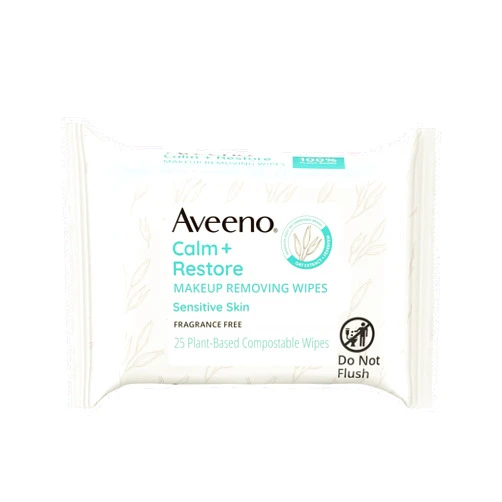 Aveeno Calm + Restore Nourishing Makeup Remover Face Wipes, Fragrance Free Facial Cleansing Towelettes with Oat Extract & Calming Feverfew, Alcohol Free, 100% Plant-Based Cloth, 25 ct