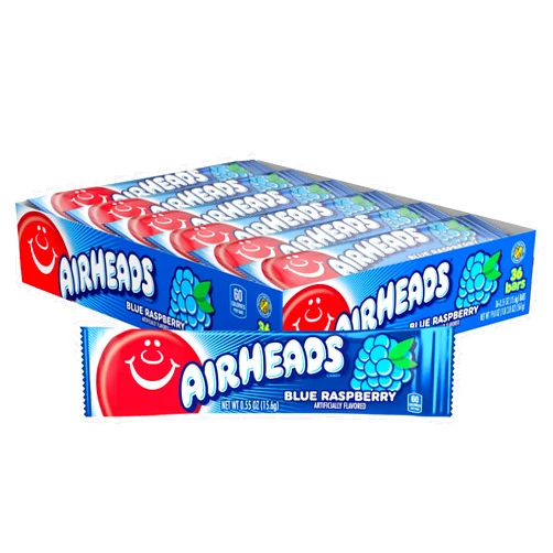 Airheads Candy, Blue Raspberry Flavor, Individually Wrapped Full Size Bars, Taffy, Non Melting, Party, Pack of 36 Bars