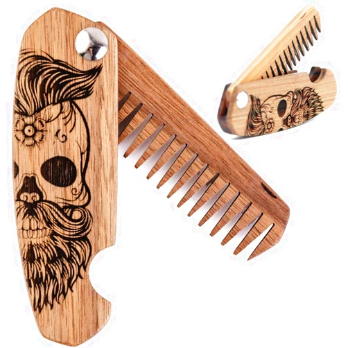 Enjoy The Wood Beard Comb for Men, Folding Pocket Beard Accessories for Men, Engraved Walnut Wooden Comb for Moustache, Beard & Hair For Him (Half Skull)
