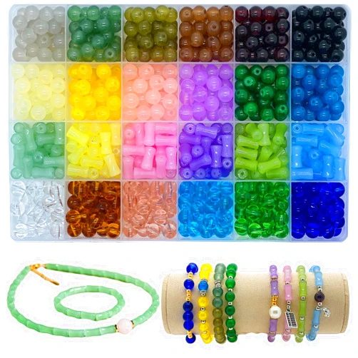 Hiadscine 720PCS 8mm Glass Beads for Bracelets Making 24 Colors Crystal Bead Kit Round Bamboo Bracelet Beads for Jewelry Making Kit Earrings Necklace Phone Lanyard Bracelet and DIY Crafts Beads (8mm)