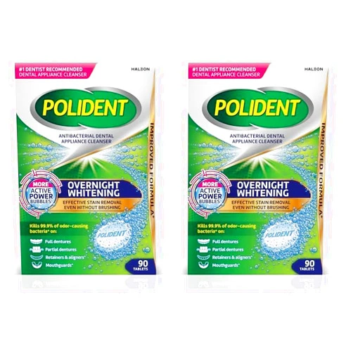 Polident Overnight Whitening Antibacterial Dental Appliance Cleanser Tablets, 90 Count (Pack of 2)