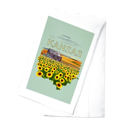 Lantern Press Kansas, Wheat Fields, Shack and Sunflowers, Badge, Contour (100% Cotton Tea Towel, Decorative Hand Towel, Kitchen and Home)