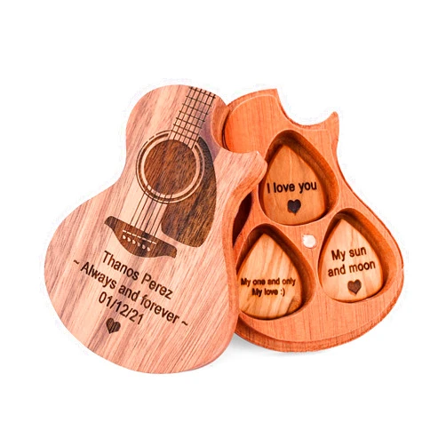 CNNFL Custom Acoustic Guitar Pick Box Personalized Wood Guitar Pick Holder Box Engraved Father's Day Guitar Picks Guitar Shaped Gifts for Dad