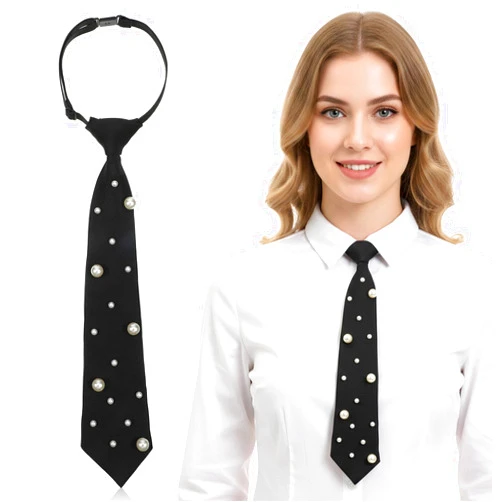 Josojoou Black Tie for Women Men, Elegant Pearl Tie Adjustable Length Pre-Tied Silk Neck Ties for Formal Event Business Meeting