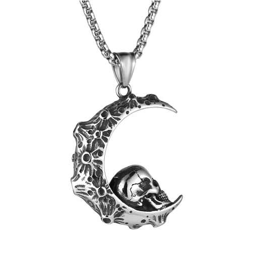 HZMAN Mens Women Gothic Retro Moon Crescent Skull Stainless Steel Pendant Necklace 22+2 Inch Chain