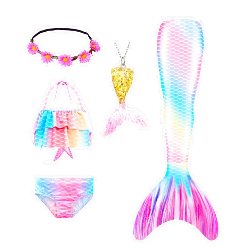 Bxysxly Mermaid Tails Swimsuit for Girls Swimming Kids Bikini Costume 5Pcs Sets with Flower Headband (No Monofin)