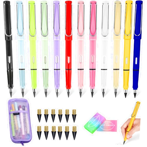 Labibida Inkless Pencils Eternal Set - 12 Everlasting Pencils with Eraser,12 Replaceable Nibs,2 Erasers,1 Pencil Case,Pencil Never Sharpen,Infinity Pencils,Forever Pencil for Kids Student Writing Drawing