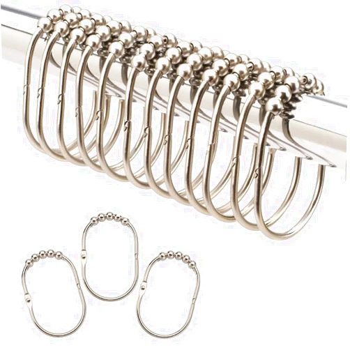 TopAAA Wide Shower Curtain Rings/Hooks Set, Easy Glide Rollers, 100% Rustproof Stainless Steel Shower Rings for Curtain Shower Rod Bathroom, Set of 12 (Oval Shape - Brushed Nickel)