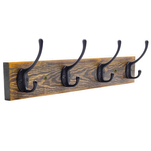 IBosins Wall Mounted Coat Rack, Entryway Hanging , Metal Wood Rack with 4 Black Literary Rustic Hooks Rail for Scarf, Bag, Towel, Key, Cap, Cup, Hat (Brown)