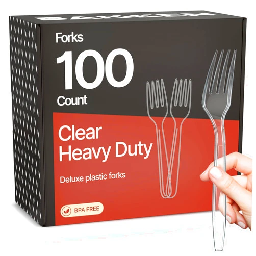 BAKKENMASTER Bakken Disposable Cutlery Set 100 Pieces Forks, Heavy Duty Plastic Silverware, BPA-Free Food-Grade Materials, Heat-Resistant, Reusable Utensils for Parties, Catering, BBQs, and Everyday Use, Clear