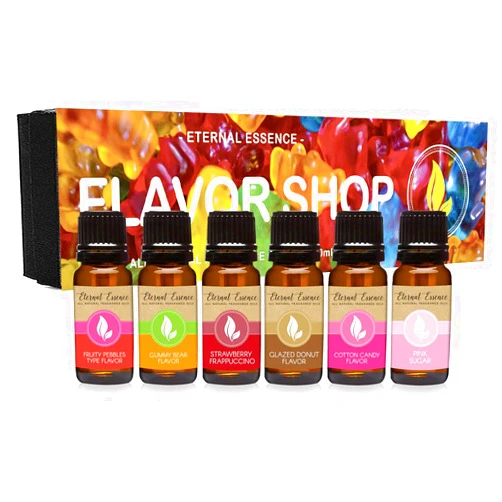 Eternal Essence Oils Flavor Shop - Gift Set of 6 All Natural Flavoring Oils - Fruity Pebbles Type, Gummy Bear, Strawberry Frappuccino, Cotton Candy, Glazed Donut and Pink Sugar - 10ML