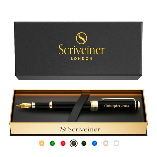 Scriveiner Personalized Black Fountain Pen - Stunning Luxury Pen, Jet Black Lacquer, 24K Gold Finish, German Schmidt Nib (Medium), Best Engraved Fountain Pen Gift Set for Men & Women, Name Engraving