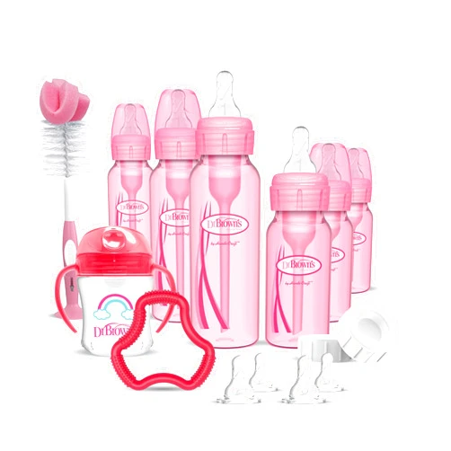 Dr. Brown's Natural Flow Anti-Colic Options+ Special Edition Pink Baby Bottle Gift Set with Soft Sippy Spout Transition Cup, Flexees Teether, Bottle Cleaning Brush and Travel Caps
