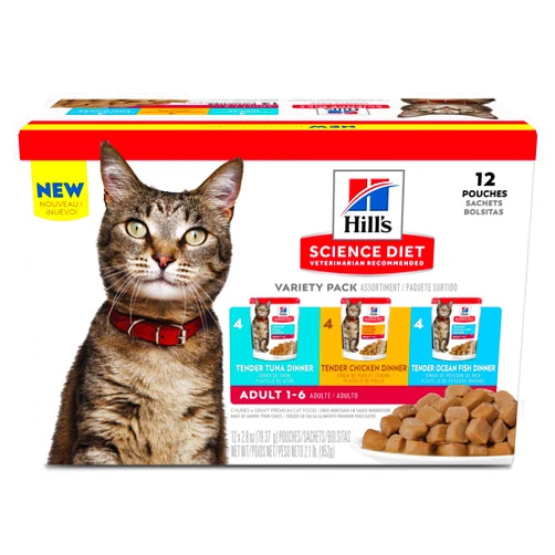 Hill's Science Diet Adult 1-6, Adult 1-6 Premium Nutrition, Wet Cat Food, Variety Case: Tuna, Chicken, Ocean Fish Stew, 2.8 oz Pouch Variety Case, Case of 12