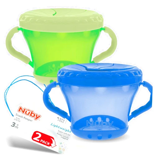 Nuby 2-Pack Toddler Snack Containers with Soft Lids - Snack Cups with Textured Grip Handles - No Spill & Easy Access Snack Container for Toddlers (Blue/Green)