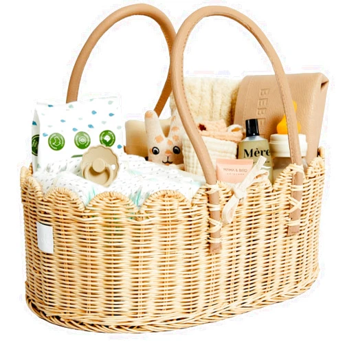 BEBE BASK Baby Diaper Caddy Organizer - Artisan-Crafted Scalloped Rattan Basket - Luxurious Diaper Caddy Basket - Elegant Scalloped Basket (Natural)