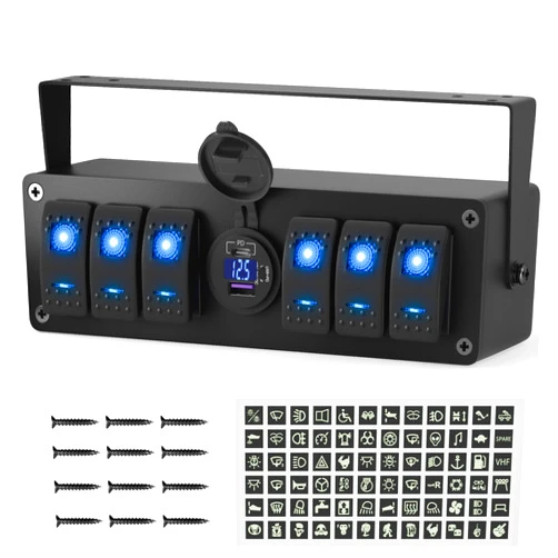 Joinfworld 6 Gang Rocker Switch Box Waterproof 12V SPST ON/Off lED Light Bar Switch Panel with Dual USB Outlet PD3.0 & QC3.0 Car USB Port for Boat Marine Automotive Car Truck RV UTV