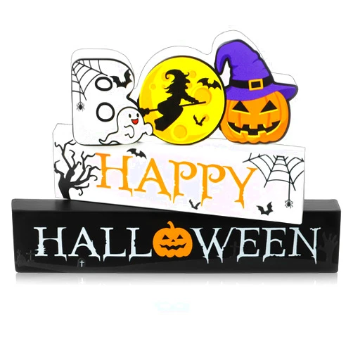 Vicenpal 3 Pieces Happy Halloween Wooden Sign Centerpiece Bat Witch Eyeball Table Top Decor Spooky Rustic Freestanding Boo Tier Tray Halloween Decor Rustic Wood Block Plaque for Home Fireplace