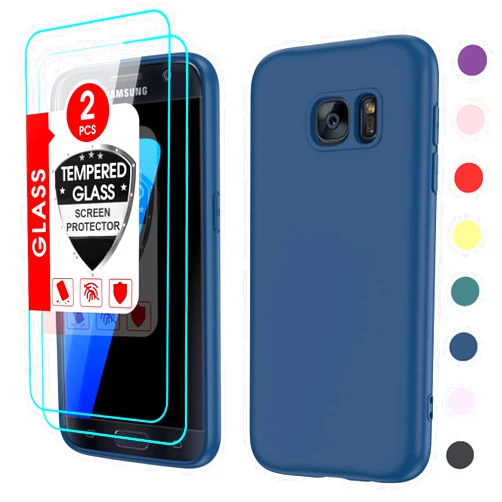 LeYi for Galaxy S7 Case: Samsung S7 Phone Case with 2 Pack Tempered Glass Screen Protector for Women Men, Liquid Silicone Slim Gel Rubber Protective Case Cover for Samsung Galaxy S7, Blue