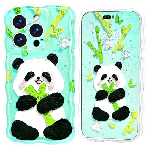 Zhuoopinn Kawaii Case for iPhone 13 Pro Case Cute Panda IMD Oil Painting Glossy Pattern Buffer-tech Wavy Bumper Slim Protective TPU Funny Stylish Aesthetic Phone Case for iPhone 13 Pro
