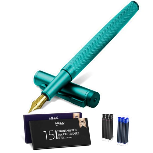 WEMATE Fountain Pen Set - Fine Nib, Refillable, 30 Ink Cartridges (15 Black & 15 Blue), with Converter, Classic Metal Pen in Luxury Gift Case for Men and Women Writing - 0.5MM, Green