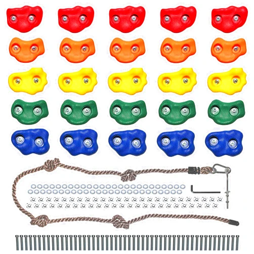 Jungle Gym Kingdom Rock Climbing Holds for Kids - Indoor & Outdoor Rock Wall Climbing Kit with Mounting Hardware, Knotted Rope and 25 Handles - Playground Accessories﻿